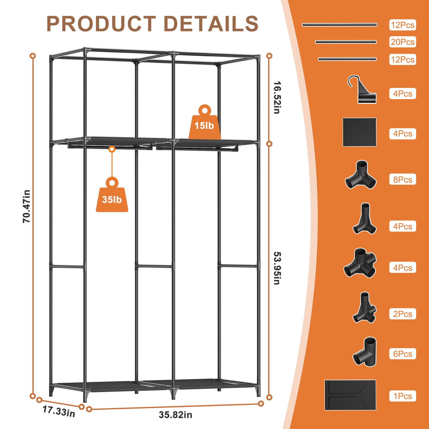 YOUPINS Clothes Organizer with Hanging Rod, Portable Closet with Cover Clothes Rack Sturdy Fabric Wardrobe Organizer,Dark Gary