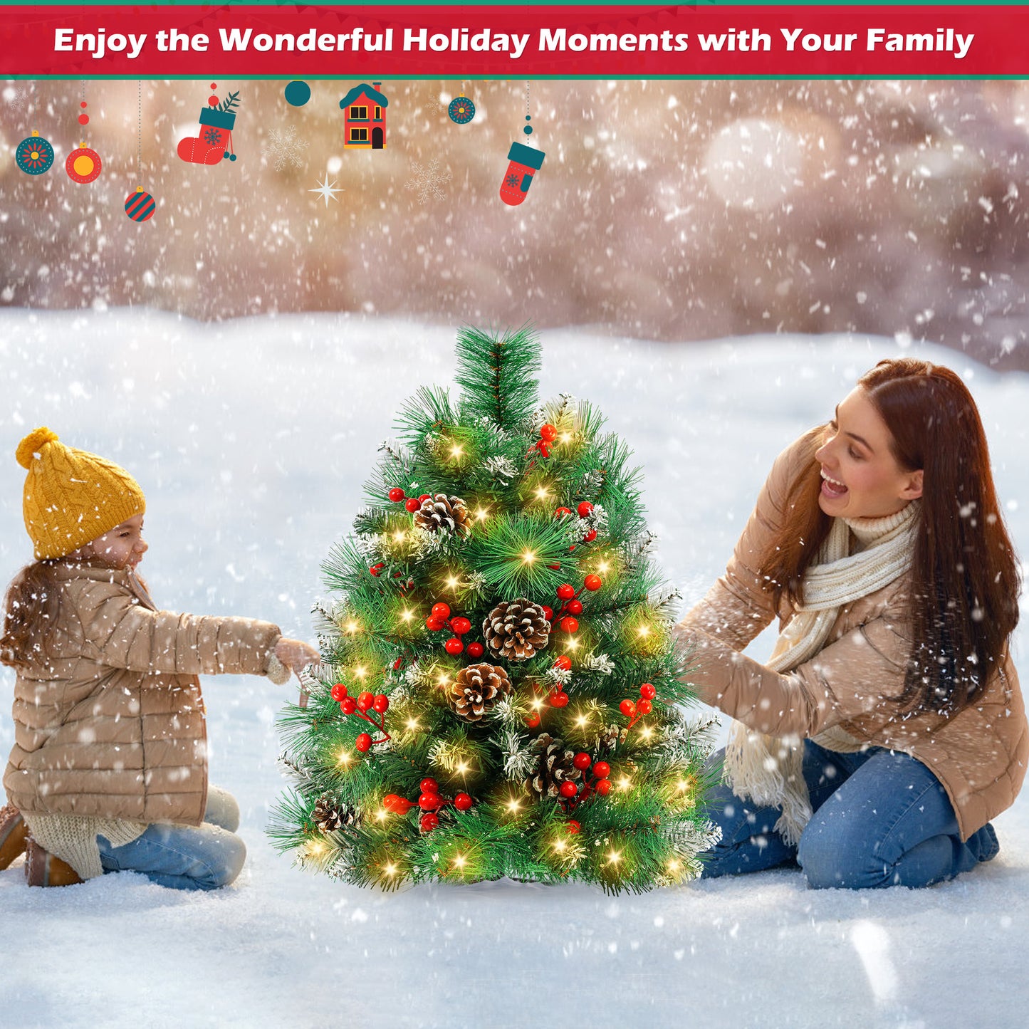 Yexmas 2PCS Small Outdoor Christmas Trees with LED Lights,30" Artificial Xmas Decora for Porch,Yard,Pathway,Garden,PVC+Flocking Pine Needles