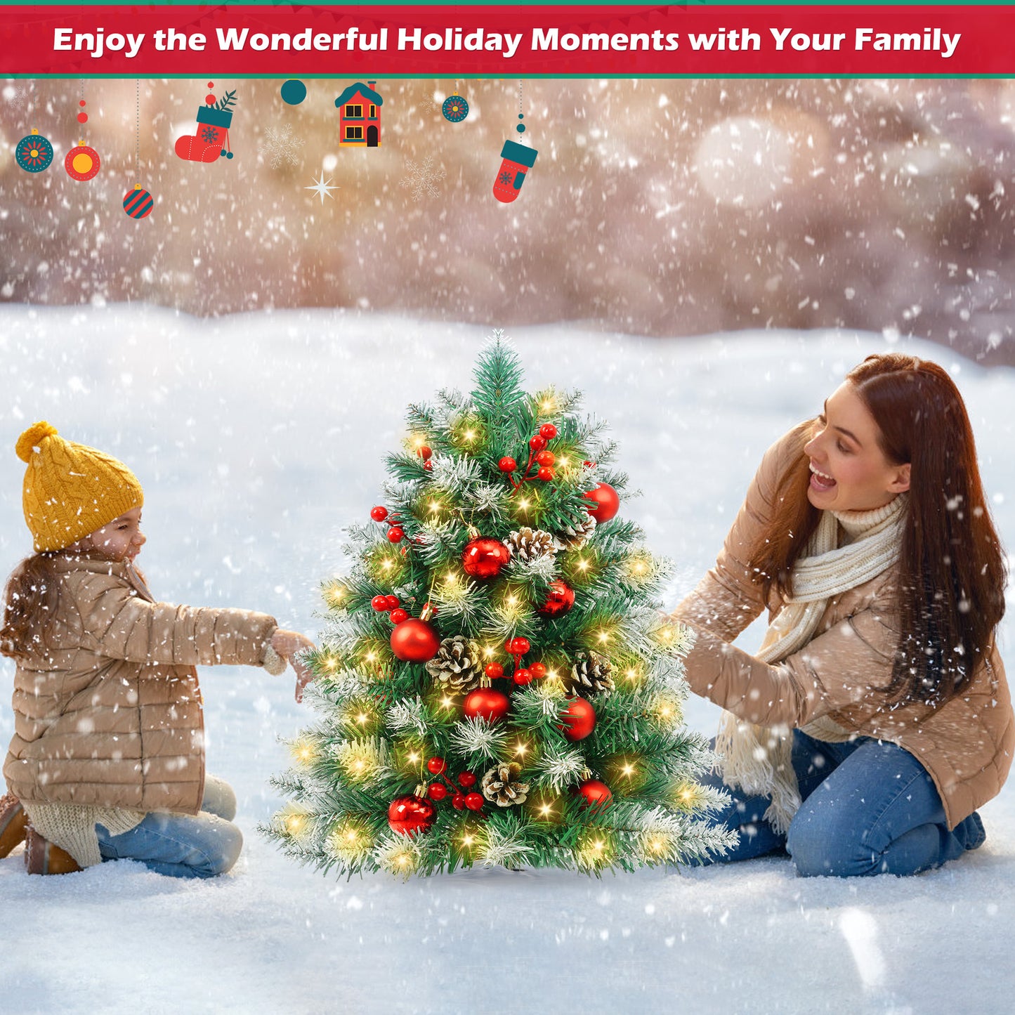 Yexmas 2PCS Small Outdoor Christmas Trees with LED Lights,30" Artificial Xmas Decora for Porch,Yard,Pathway,Garden,PVC