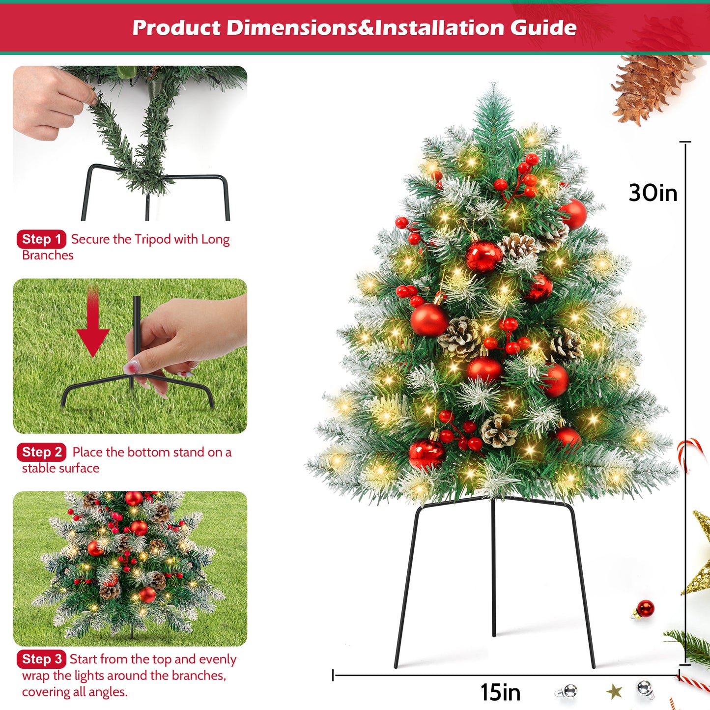 Yexmas 2PCS Small Outdoor Christmas Trees with LED Lights,30" Artificial Xmas Decora for Porch,Yard,Pathway,Garden,PVC