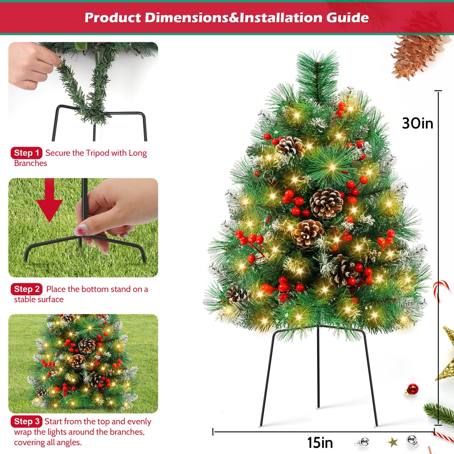 Yexmas 2PCS Small Outdoor Christmas Trees with LED Lights,30" Artificial Xmas Decora for Porch,Yard,Pathway,Garden,PVC+Flocking Pine Needles