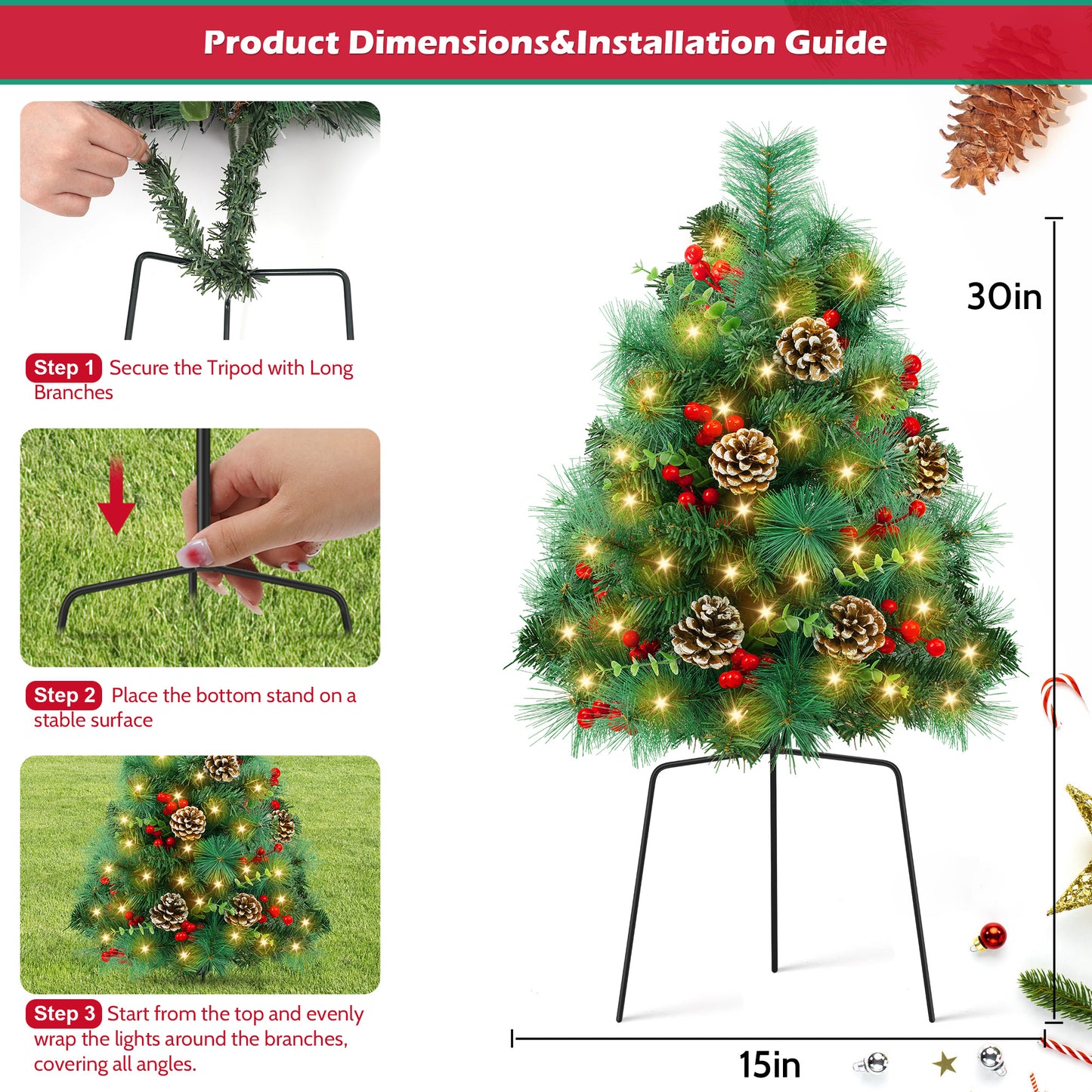 Yexmas 2PCS Small Outdoor Christmas Trees with LED Lights,30" Artificial Xmas Decora for Porch,Yard,Pathway,Garden,PVC+PE+Pine Needles