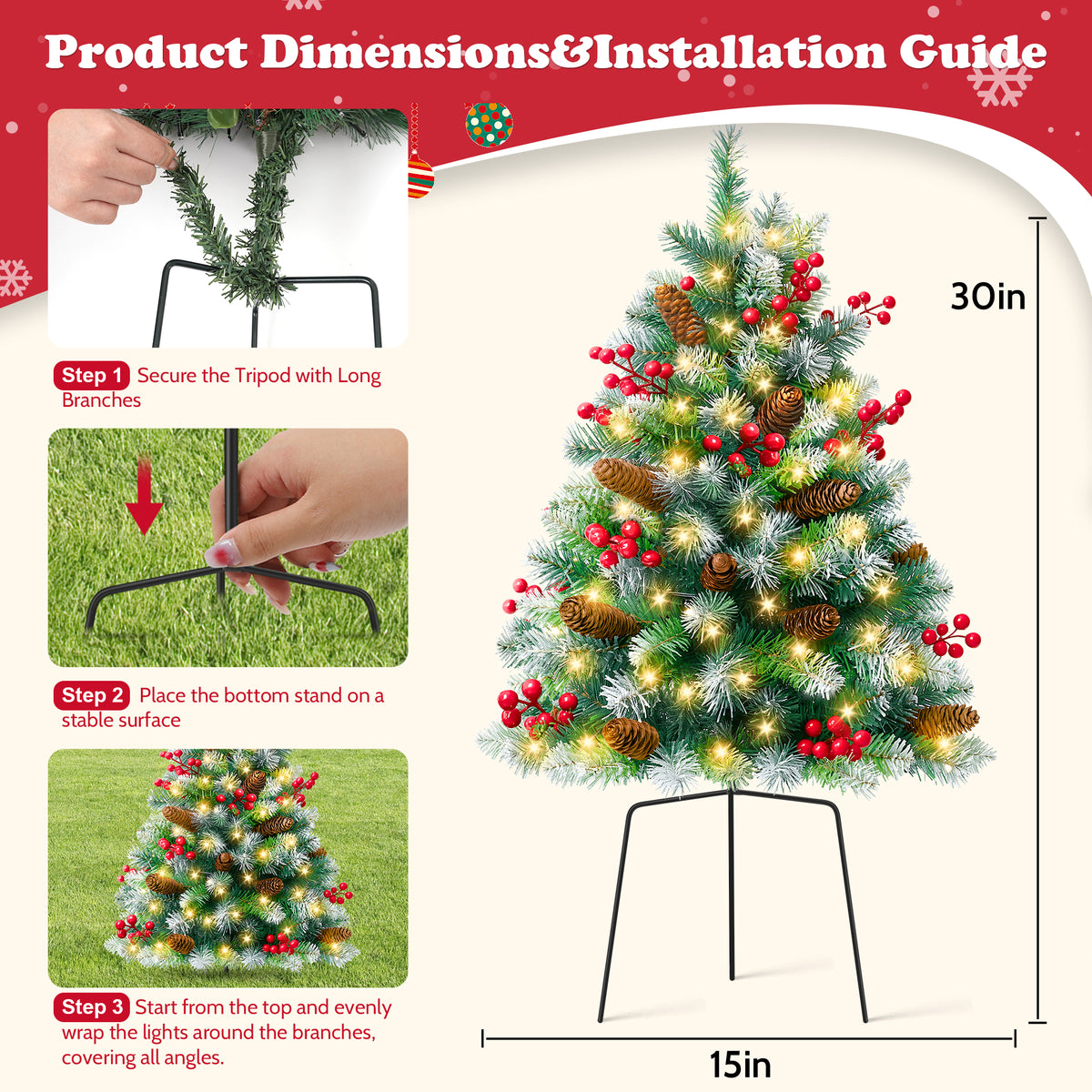 Yexmas 2PCS Small Outdoor Christmas Trees with LED Lights,30" Artificial Xmas Decora for Porch,Yard,Pathway,Garden,Mixed Green PVC