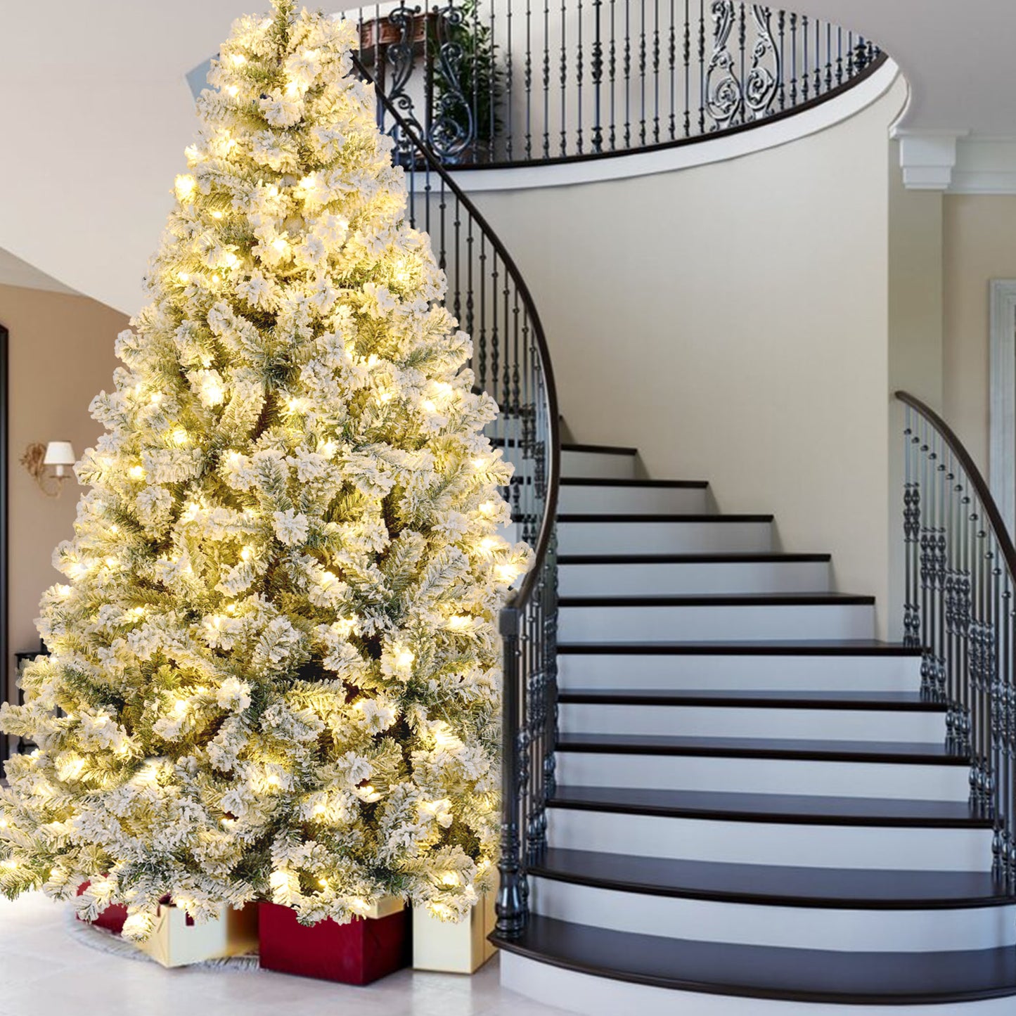 IZNEN 9ft Pre-Lit Snowflake Flocked Christmas Tree,8 Modes LED Lights,Artificial Xmas Tree with Storage Bag