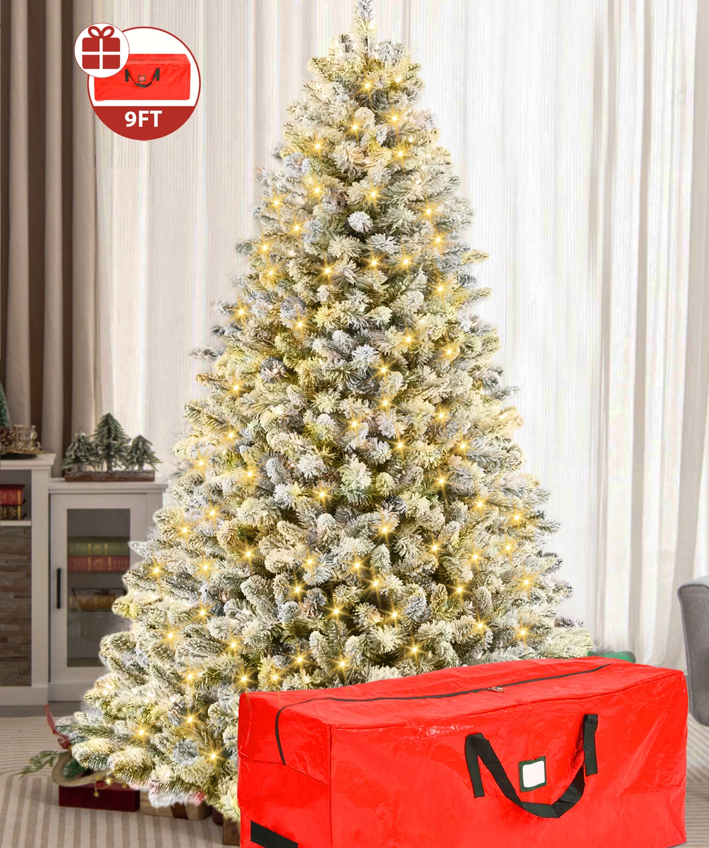 IZNEN 9ft Pre-Lit Snowflake Flocked Christmas Tree,8 Modes LED Lights,Artificial Xmas Tree with Storage Bag