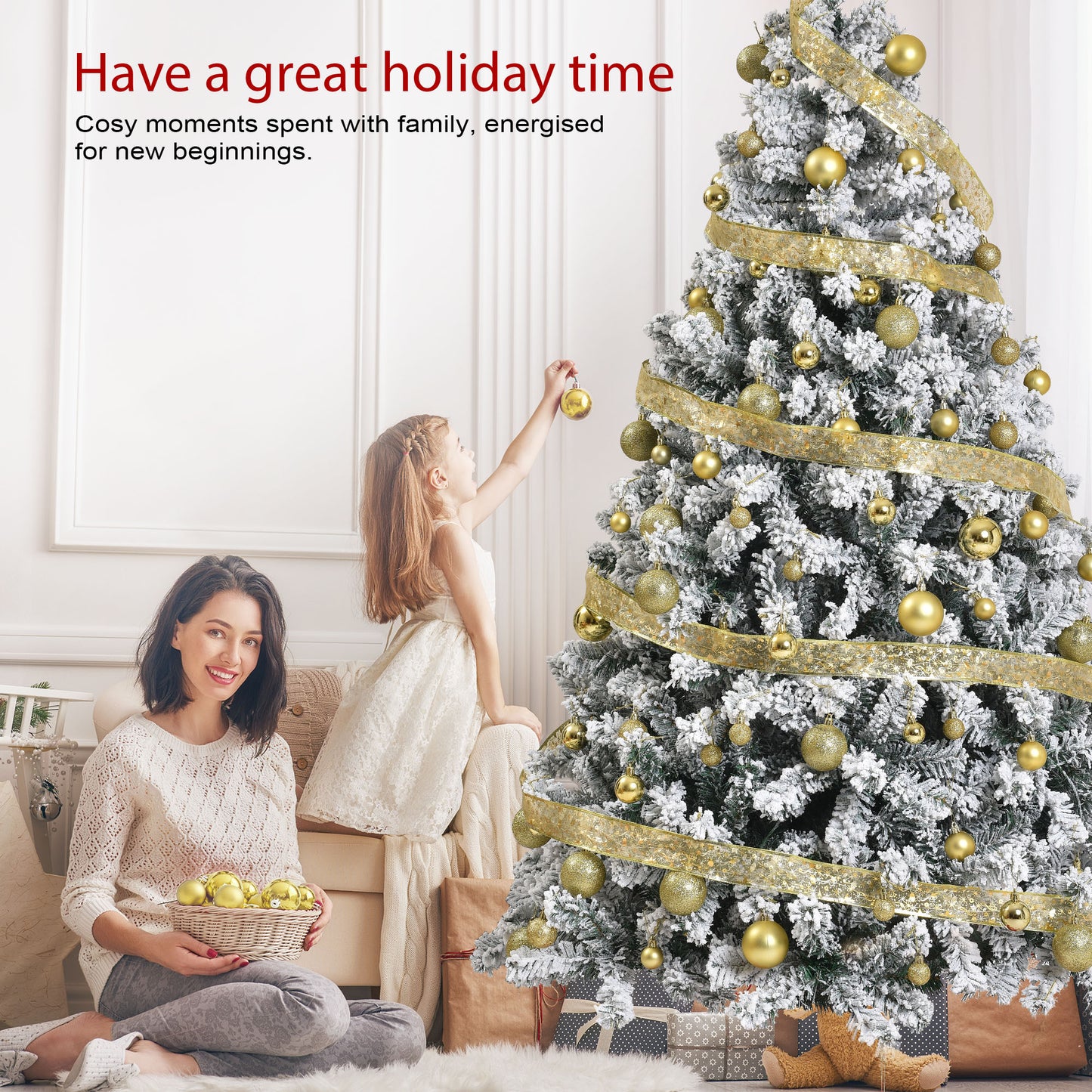 IZNEN 9ft Pre-Lit Snowflake Flocked Christmas Tree,8 Modes LED Lights,Artificial Xmas Tree with Storage Bag