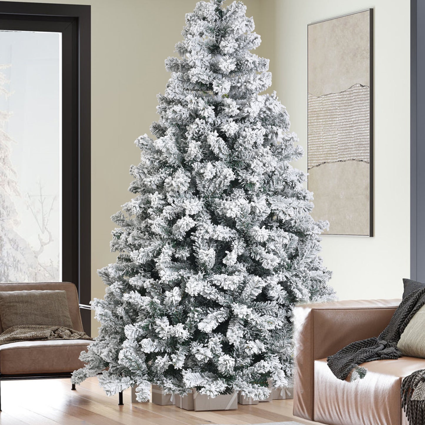 IZNEN 9ft Pre-Lit Snowflake Flocked Christmas Tree,8 Modes LED Lights,Artificial Xmas Tree with Storage Bag