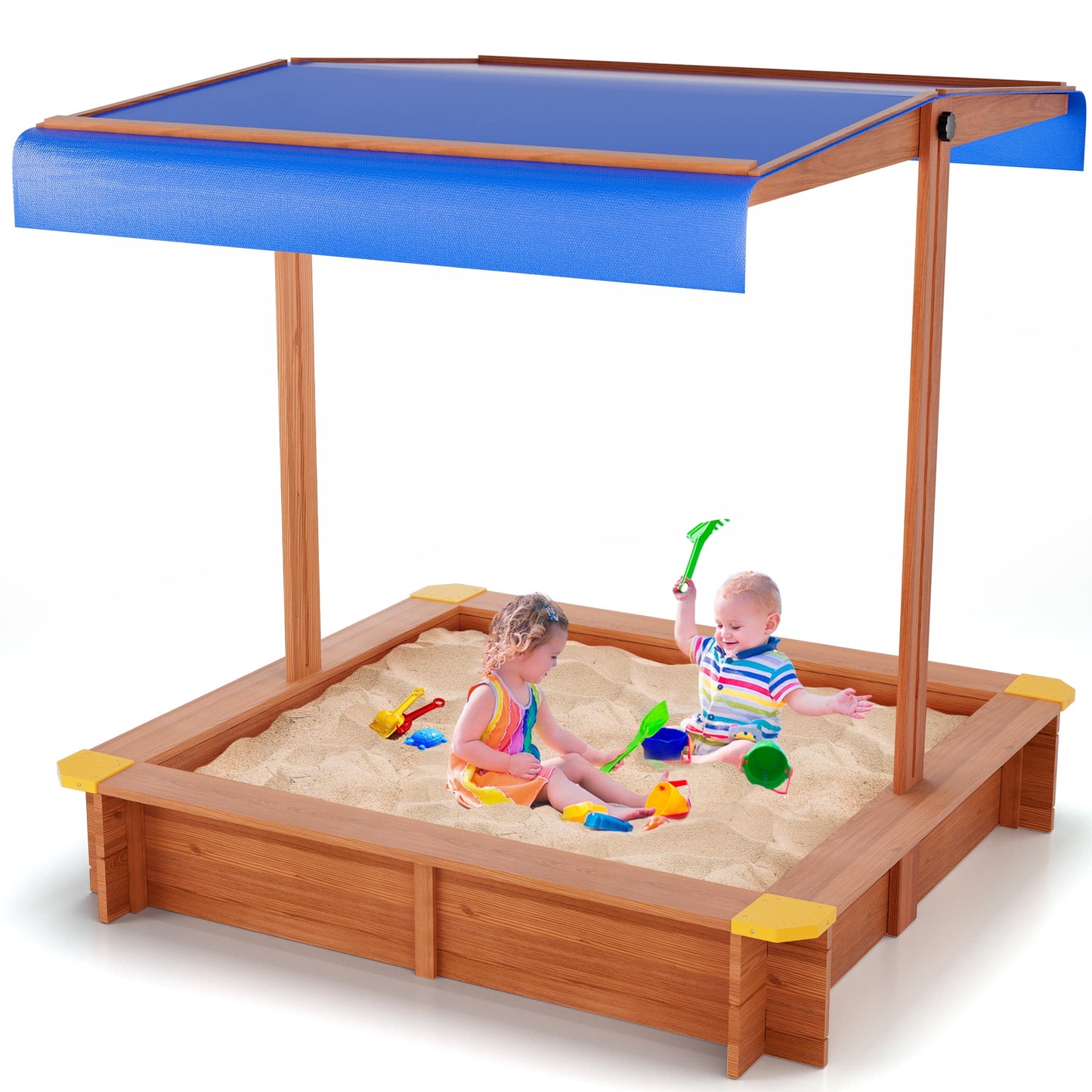 YOUPINS 48" Wooden Sandbox with Lid, Outdoor Large Kids Sandbox with Seat,for Yard Lawn Garden