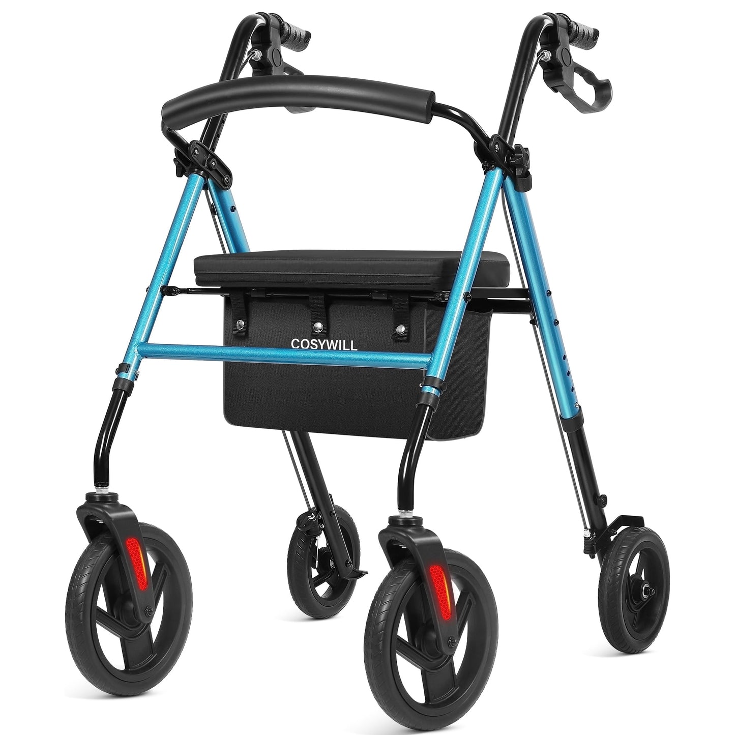 COSYWILL Rollator Walker with Seat,Foldable Walkers for Seniors,Mobility Walkers with 10'' Big Wheels,Adjustable Handles and Seat Height,Blue