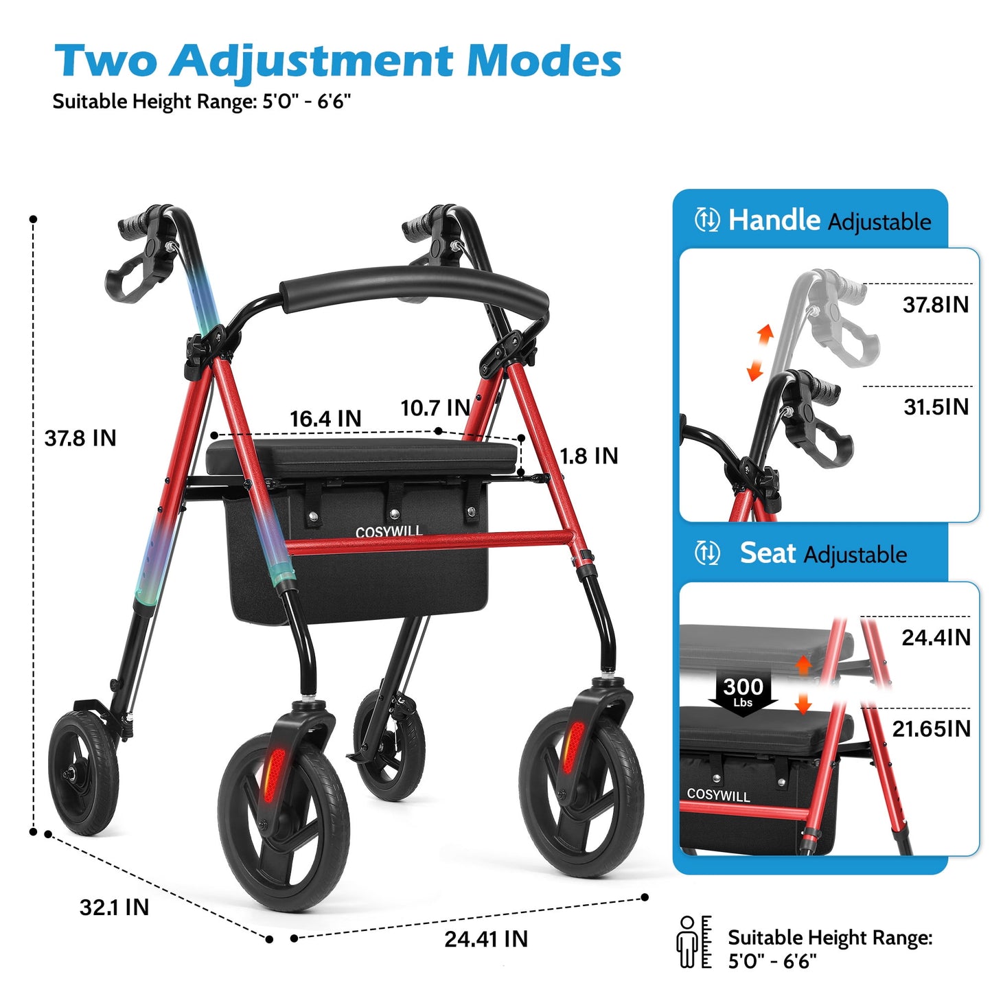 COSYWILL Rollator Walker with Seat,Foldable Walkers for Seniors,Mobility Walkers with 10'' Big Wheels,Adjustable Handles and Seat Height, Red