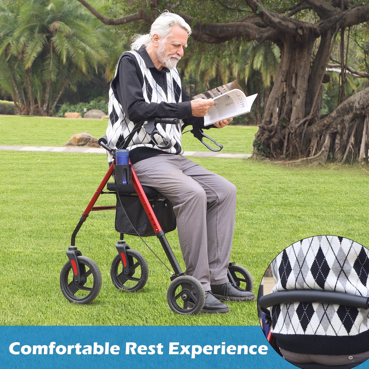 COSYWILL Rollator Walker with Seat,Foldable Walkers for Seniors,Mobility Walkers with 10'' Big Wheels,Adjustable Handles and Seat Height, Red