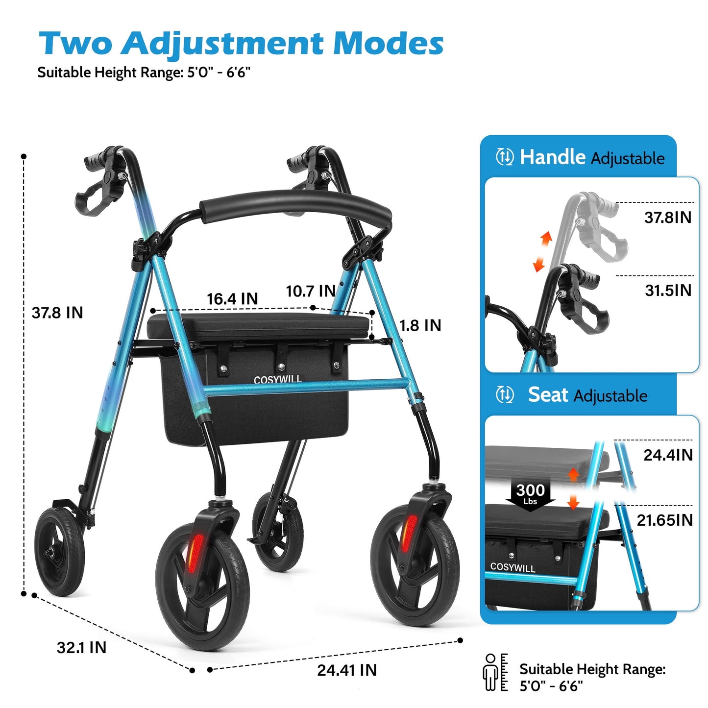 COSYWILL Rollator Walker with Seat,Foldable Walkers for Seniors,Mobility Walkers with 10'' Big Wheels,Adjustable Handles and Seat Height,Blue