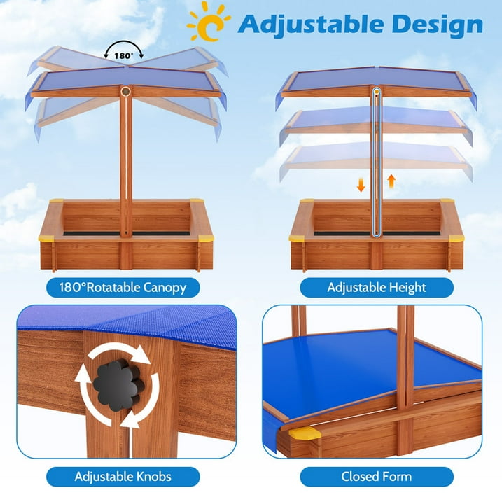 YOUPINS 48" Wooden Sandbox with Lid, Outdoor Large Kids Sandbox with Seat,for Yard Lawn Garden