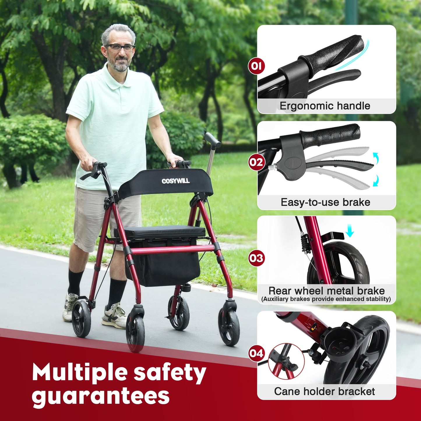 COSYWILL Rollator Walker with Seat,Foldable Mobility Walker with Durable Steel,Rolling Walker with 8" Wheels for All Terrain,Adjustable Height,300 lbs,Red