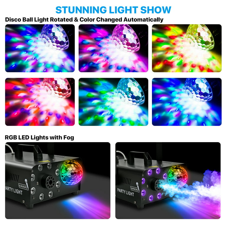 600W Fog Machine with Disco Ball & 8 RGB LED Lights – 2000CFM and Remote Control for Parties, Weddings, Halloween & DJ Events