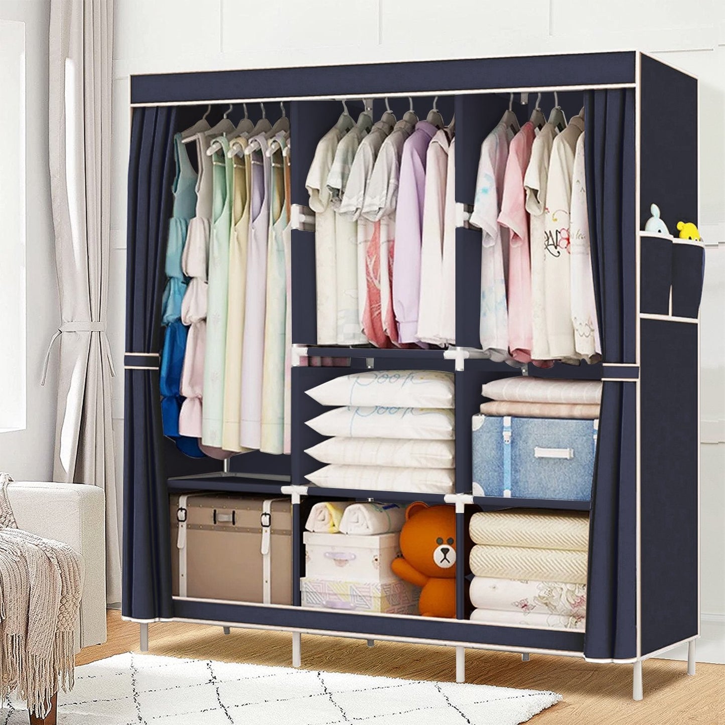 Clothes Organizer 3 Hanging Rod Shelf Portable Closet with Cover Clothes Rack Standing Closet Clothes Storage Wardrobe Garment Cabinet