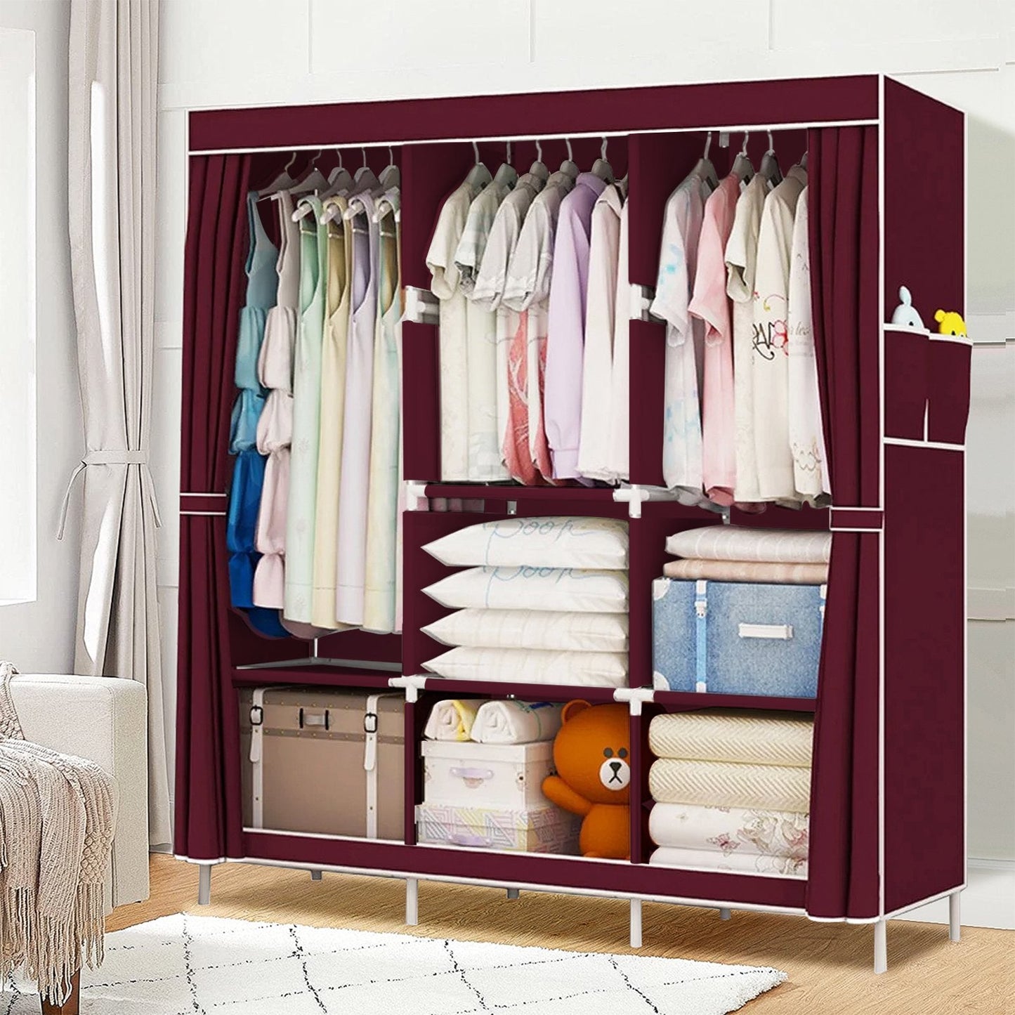 Clothes Organizer 3 Hanging Rod Shelf Portable Closet with Cover Clothes Rack Standing Closet Clothes Storage Wardrobe Garment Cabinet