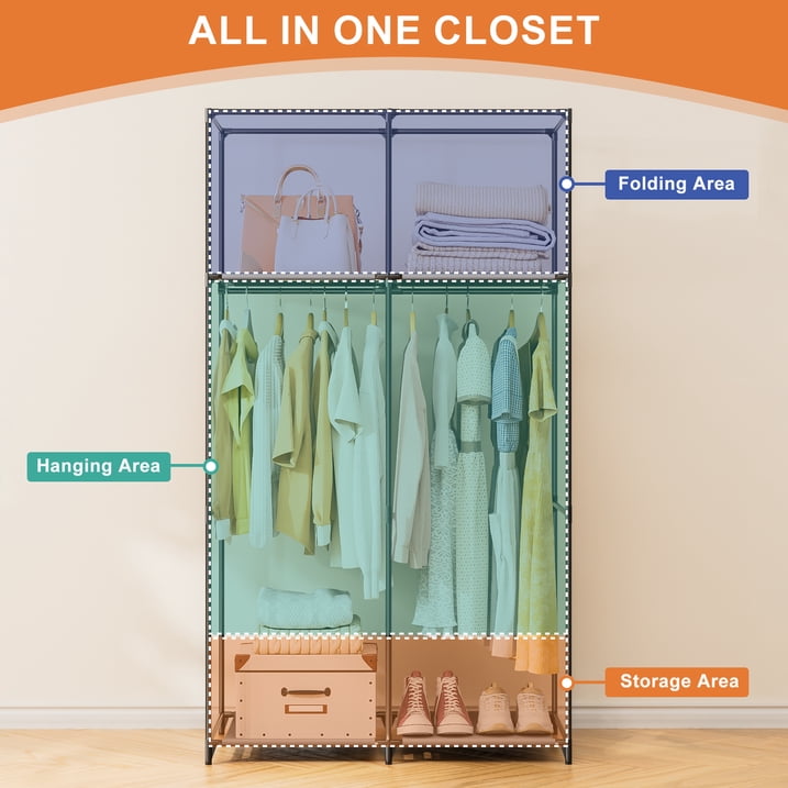 YOUPINS Clothes Organizer 3 Hanging Rod Shelf Portable Closet with Cover Clothes Rack Standing Closet Clothes Storage Wardrobe Garment Cabinet