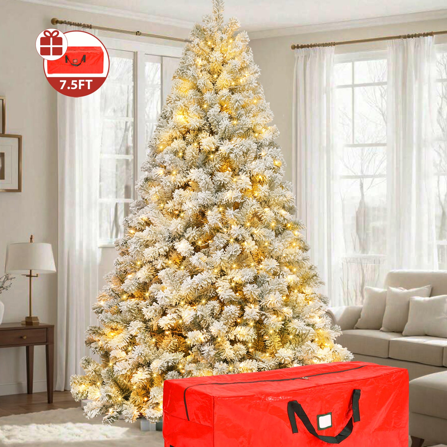 IZNEN 7.5ft Pre-Lit Snowflake Flocked Christmas Tree,8 Modes LED Lights,Artificial Xmas Tree with Storage Bag