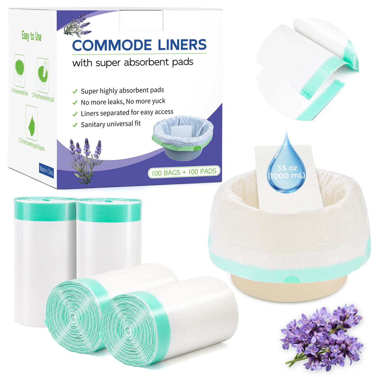 COSYWILL 100 Count Commode Liners with Absorbent Pads,Disposable Bedside Commode Bags,Leak-Proof Portable Toilet & Bedpan Liners,Lavender Scented