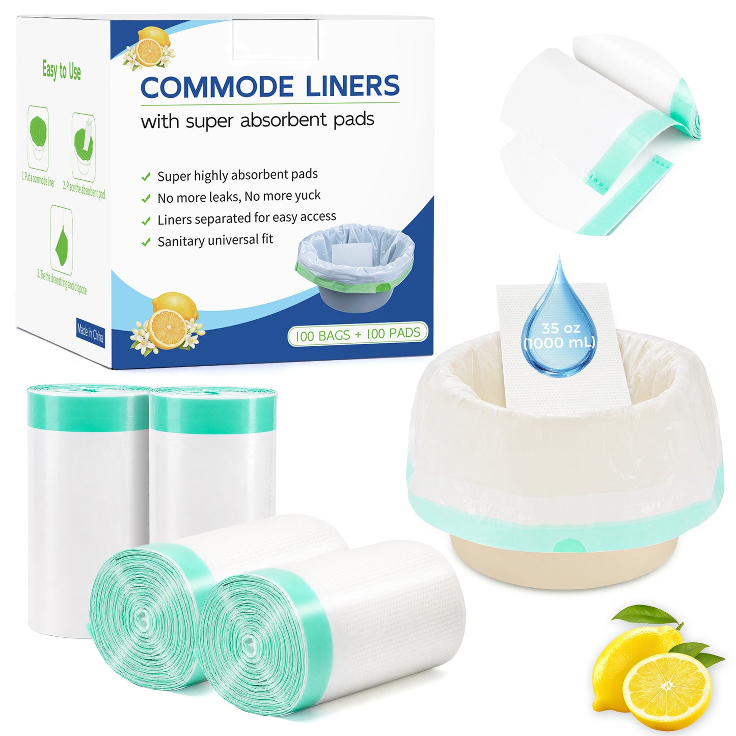 COSYWILL 100 Count Commode Liners with Absorbent Pads,Disposable Bedside Commode Bags,Leak-Proof Portable Toilet & Bedpan Liners,Lavender Scented
