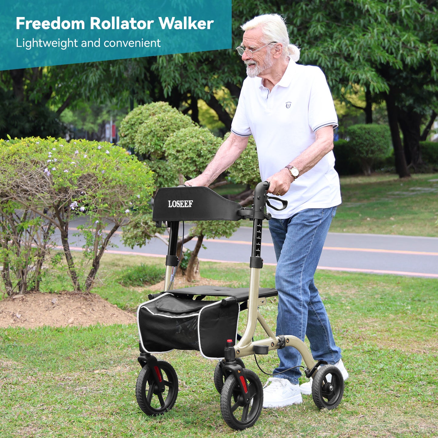 COSYWILL Walker with Seat,Foldable Rollator Walker,10" Wheels,Height Adjustable,Removable Back Support, 300 lbs,Champagne
