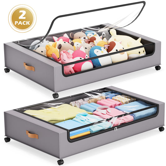 YOUPINS 2 Pack Rolling Under Bed Storage Containers Bin with Wheels, Gray
