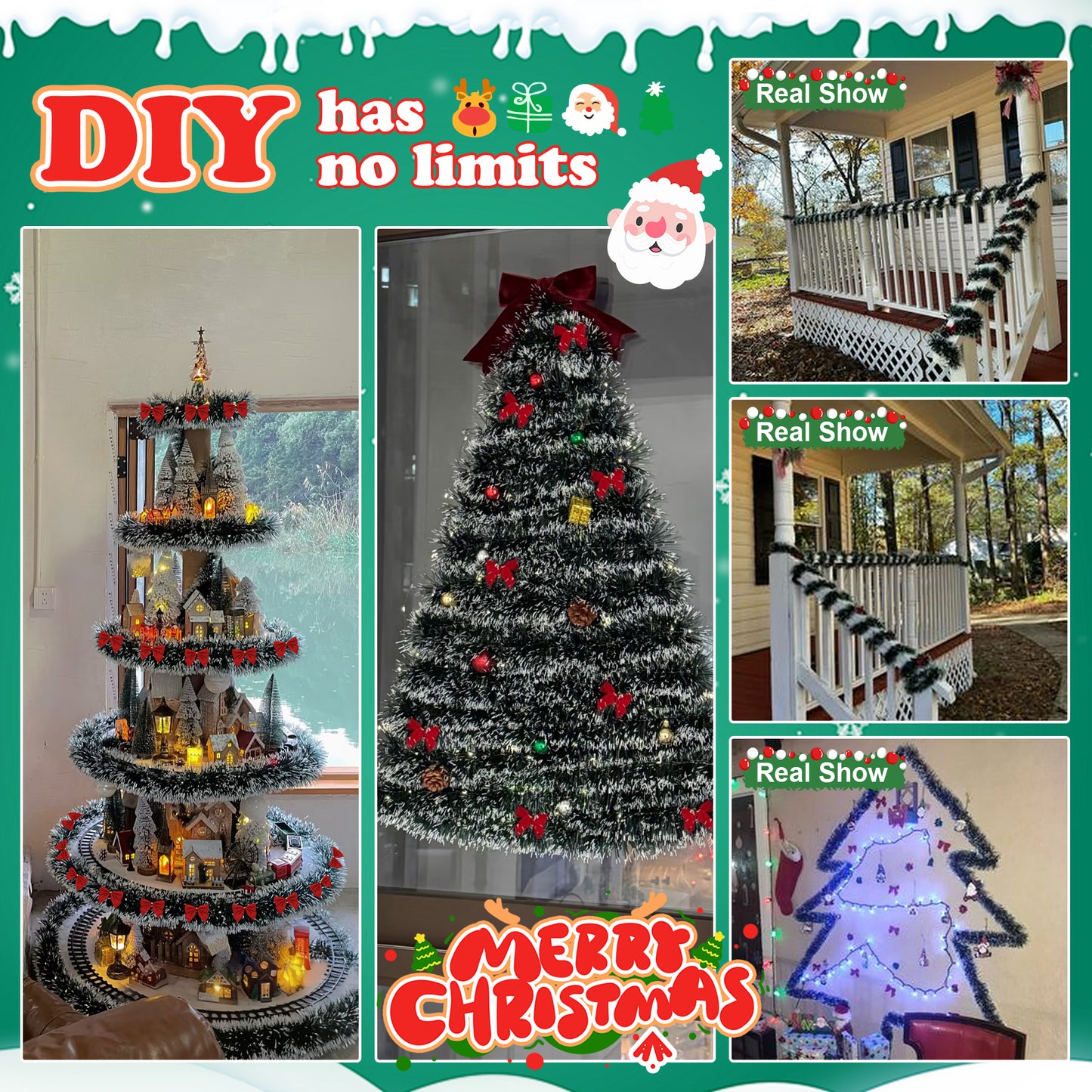 Yexmas Christmas Garland,Christmas Tinsel Garland with 30 Red Bows,Garland Christmas Decorations for Outdoor、Indoor、Holiday Party,Black & White