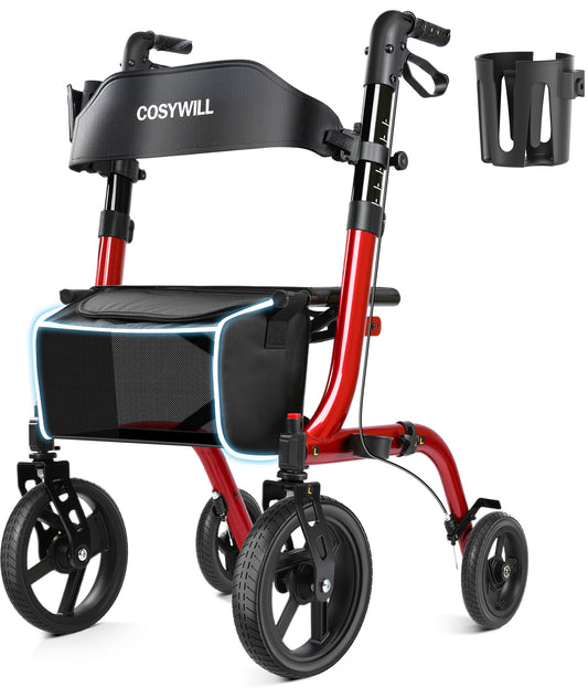 COSYWILL Rollator Walkers with Seat for Seniors, Foldable 10" Big Wheels All Terrain Rolling Walker,Adjustable Handles, Mobility Walker for Seniors,Light Red