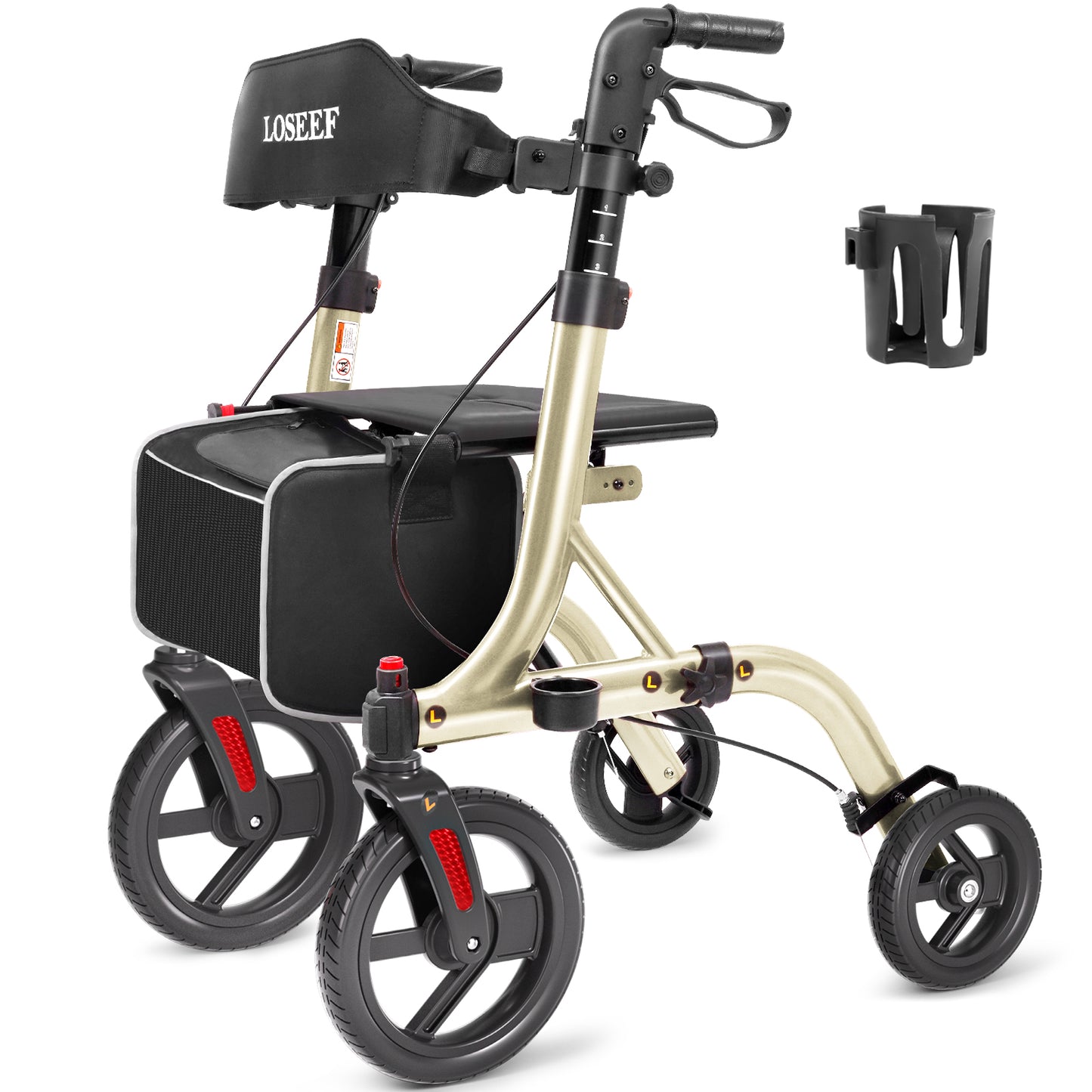 COSYWILL Walker with Seat,Foldable Rollator Walker,10" Wheels,Height Adjustable,Removable Back Support, 300 lbs,Champagne