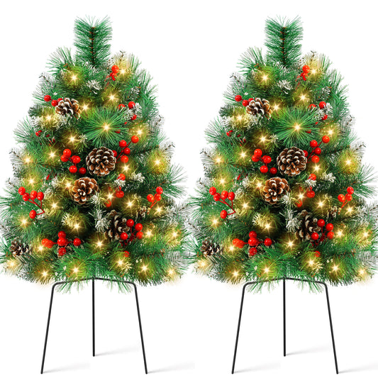 Yexmas 2PCS Small Outdoor Christmas Trees with LED Lights,30" Artificial Xmas Decora for Porch,Yard,Pathway,Garden,PVC+Flocking Pine Needles