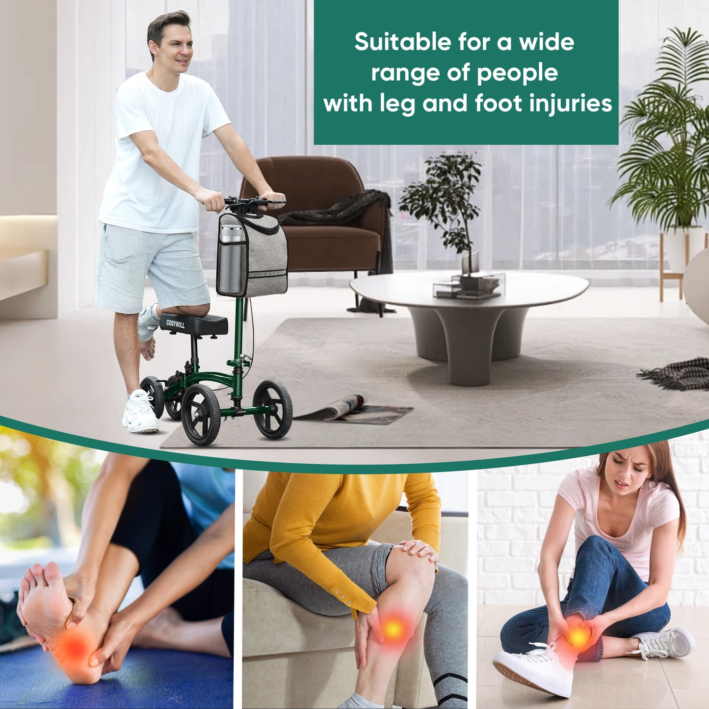 COSYWILL Steerable Knee Scooter,Economy Knee Walker,All Terrain Foldable Medical Scooter for Foot Injuries Crutches Alternative,Green