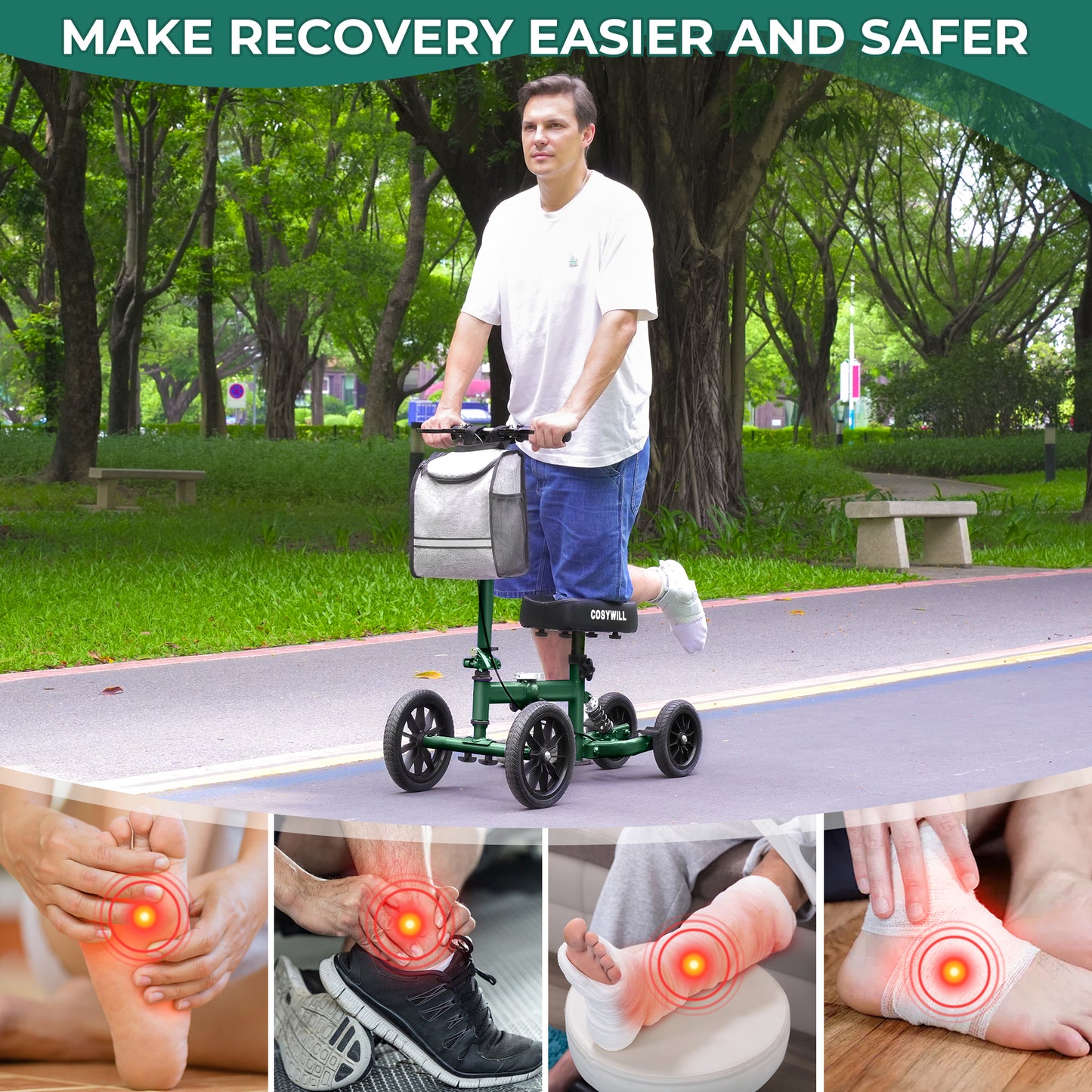 COSYWILL All Terrain Knee Scooter,Knee Walker Scooter for Foot Injuries,Adults Roller Scooter for with 10“ TPU Wheel,Compact Crutches Alternative,Green