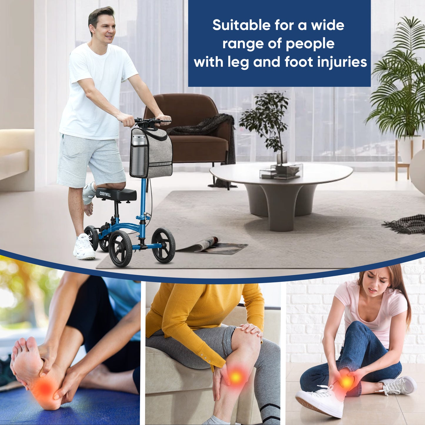 COSYWILL Steerable Knee Scooter,Economy Knee Walker,All Terrain Foldable Medical Scooter for Foot Injuries Crutches Alternative,Light Blue