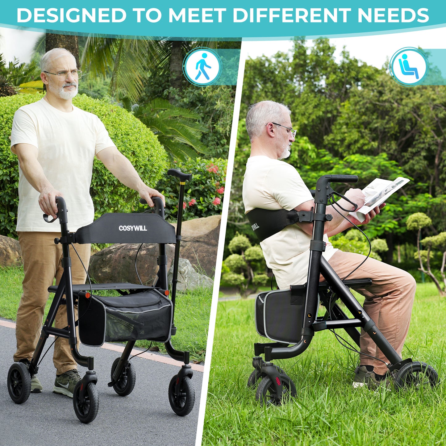 COSYWILL Aluminum Rollator Walker with Seat,Height Adjustable Mobility Walker with 8" Wheels,350 lb Weight Capacity,Black