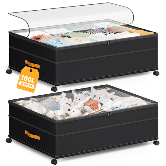 YOUPINS XXXL 100L Under Bed Storage with Wheels,2 Pack Under Bed Storage Containers,Storage Bins with Lids for Clothes Shoes Blankets,Black