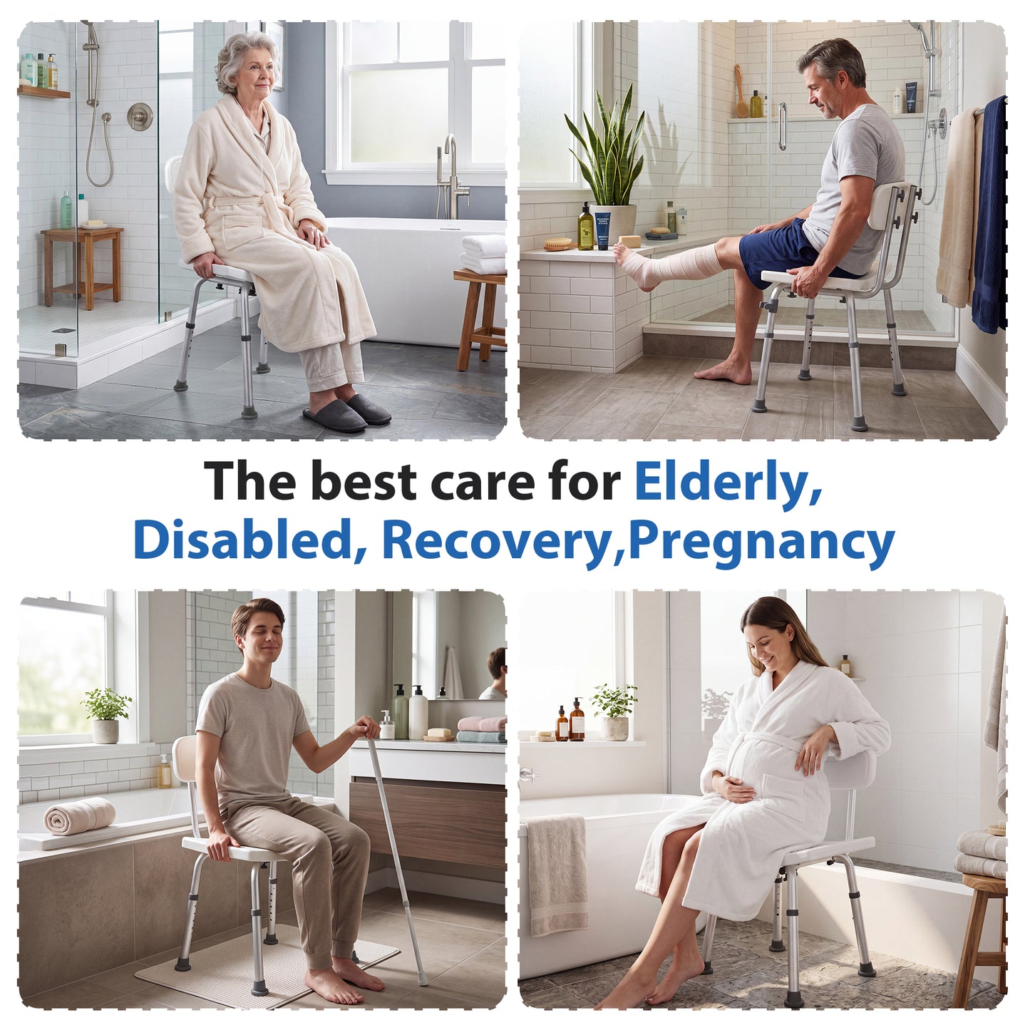 MoveEase Shower Chair with Back, Height Adjustable Bath Seat, Non-Slip Bathroom Stool for Bathtub and Shower, Supportive Mobility Aid