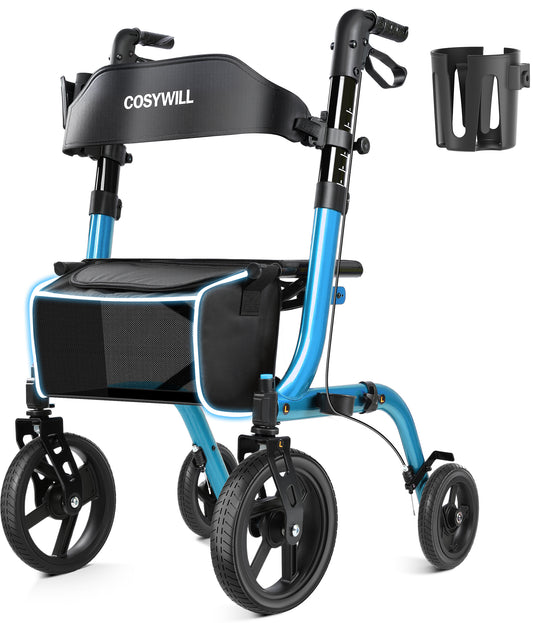 COSYWILL Rollator Walkers with Seat for Seniors, Foldable 10" Big Wheels All Terrain Rolling Walker,Adjustable Handles, Mobility Walker for Seniors,Blue