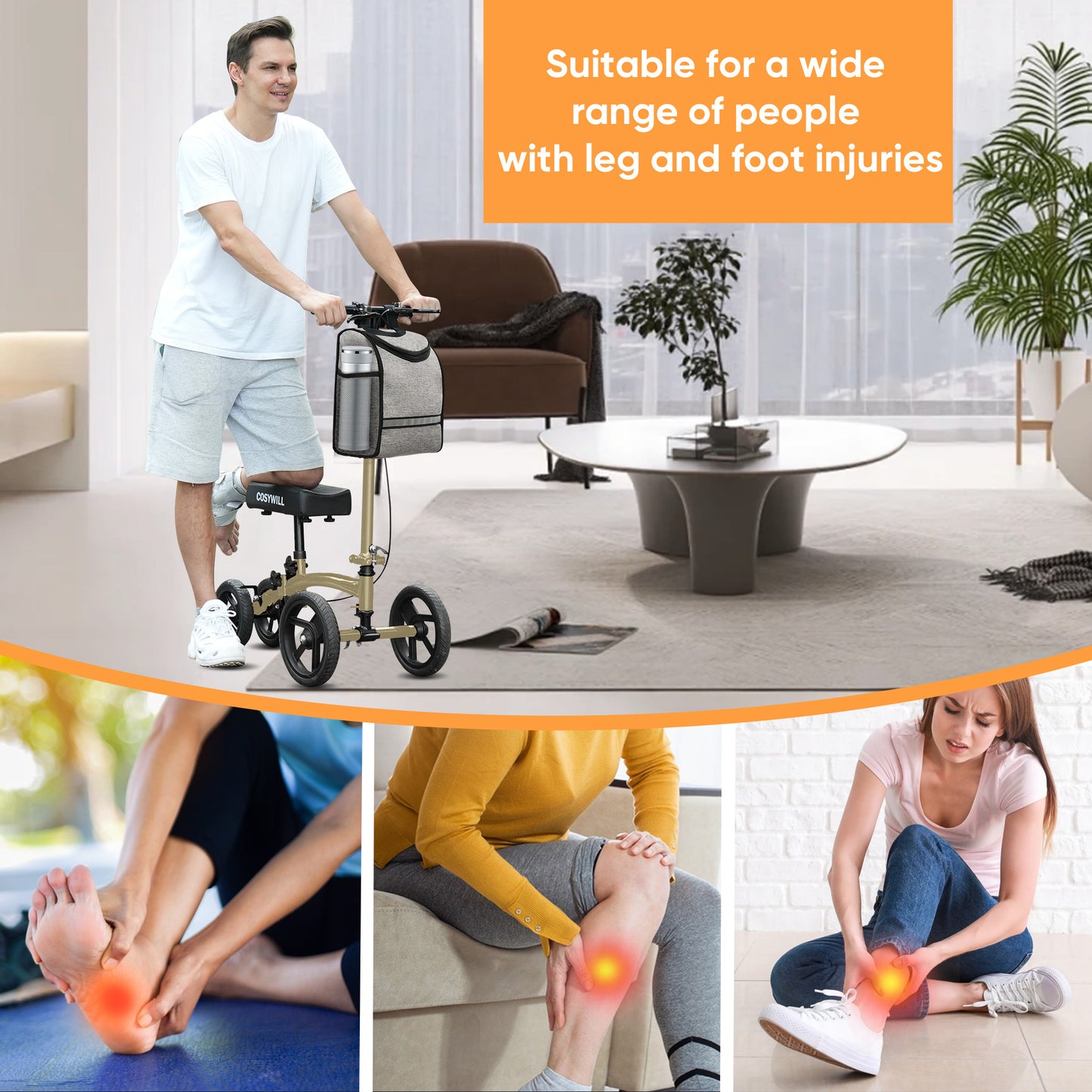 COSYWILL Steerable Knee Scooter,Economy Knee Walker,All Terrain Foldable Medical Scooter for Foot Injuries Crutches Alternative,Champagne Gold