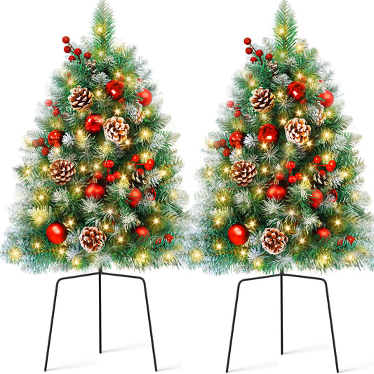 Yexmas 2PCS Small Outdoor Christmas Trees with LED Lights,30" Artificial Xmas Decora for Porch,Yard,Pathway,Garden,PVC