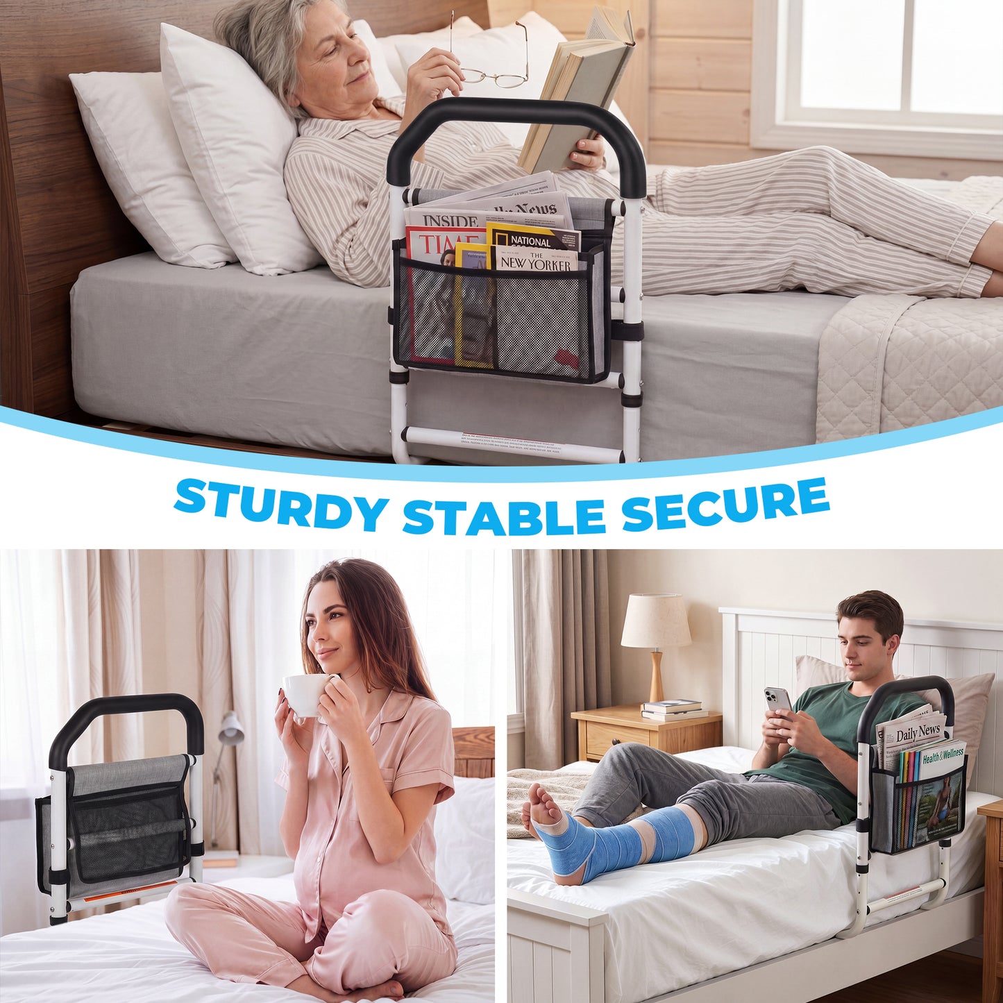 COSYWILL Bed Rails for Adults, Adjustable Bed Cane for Seniors, Bed Assist Rail with Non-Slip Handle & Storage Pocket Supports up to 330 lbs