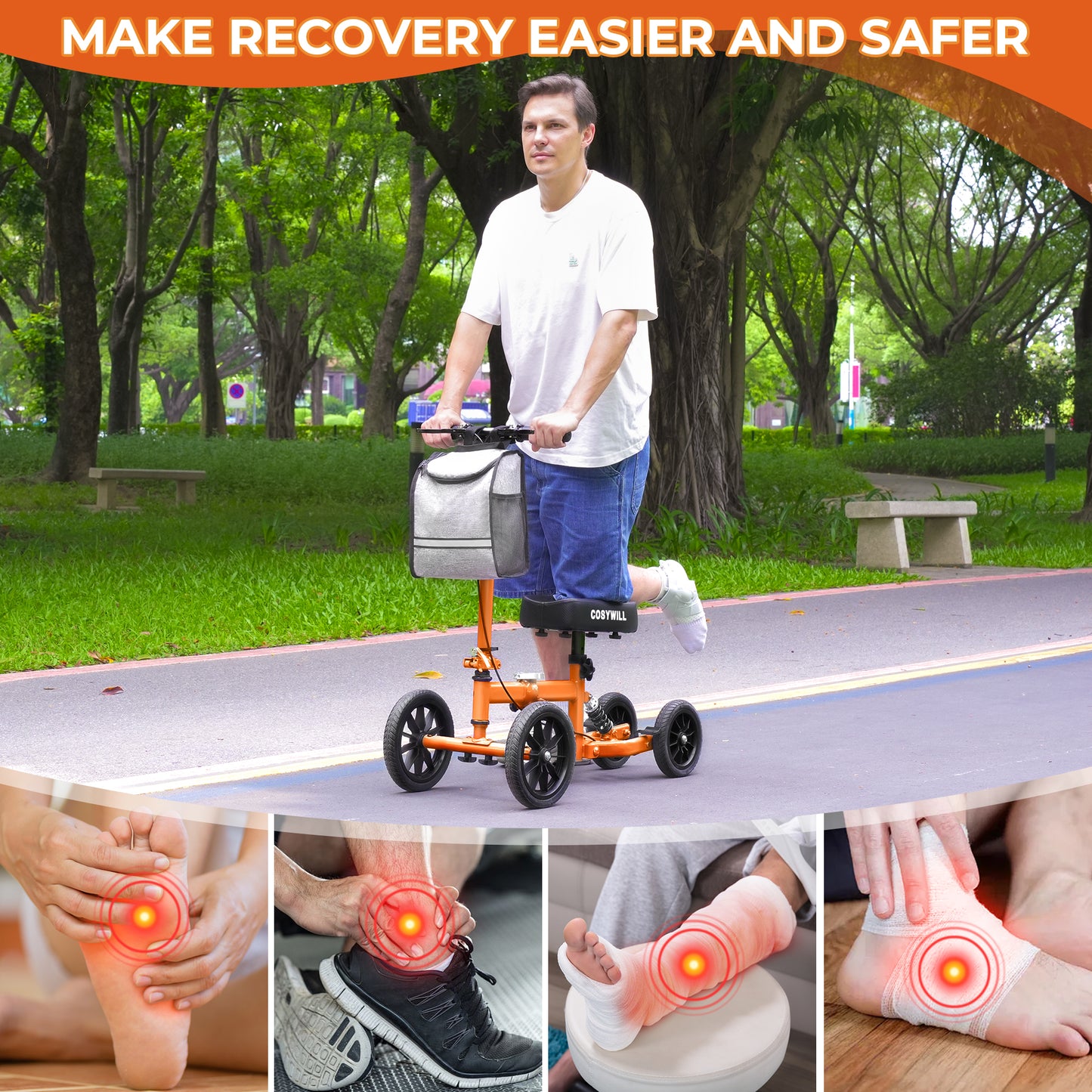 COSYWILL All Terrain Knee Scooter,Knee Walker Scooter for Foot Injuries,Adults Roller Scooter for with 10“ TPU Wheel,Compact Crutches Alternative,Orange