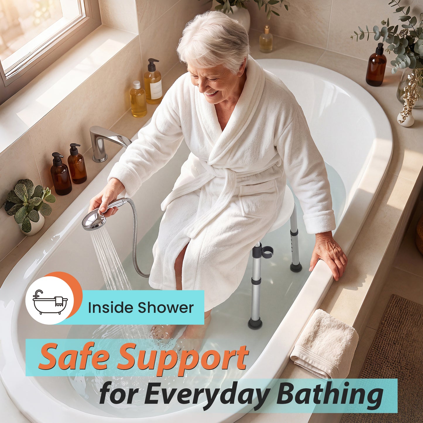 COSYWILL Round Shower Stool,Adjustable Shower Seat with Shower Head Holder, Aluminum Shower Chair for Seniors and Disabled,, 300 lbs