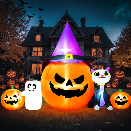 Yexmas 8ft Halloween Inflatable Pumpkins Outdoor Decor with Black Cat and Spectre,Built-in LED Lights,for Halloween Party,Yard,Garden,Lawn