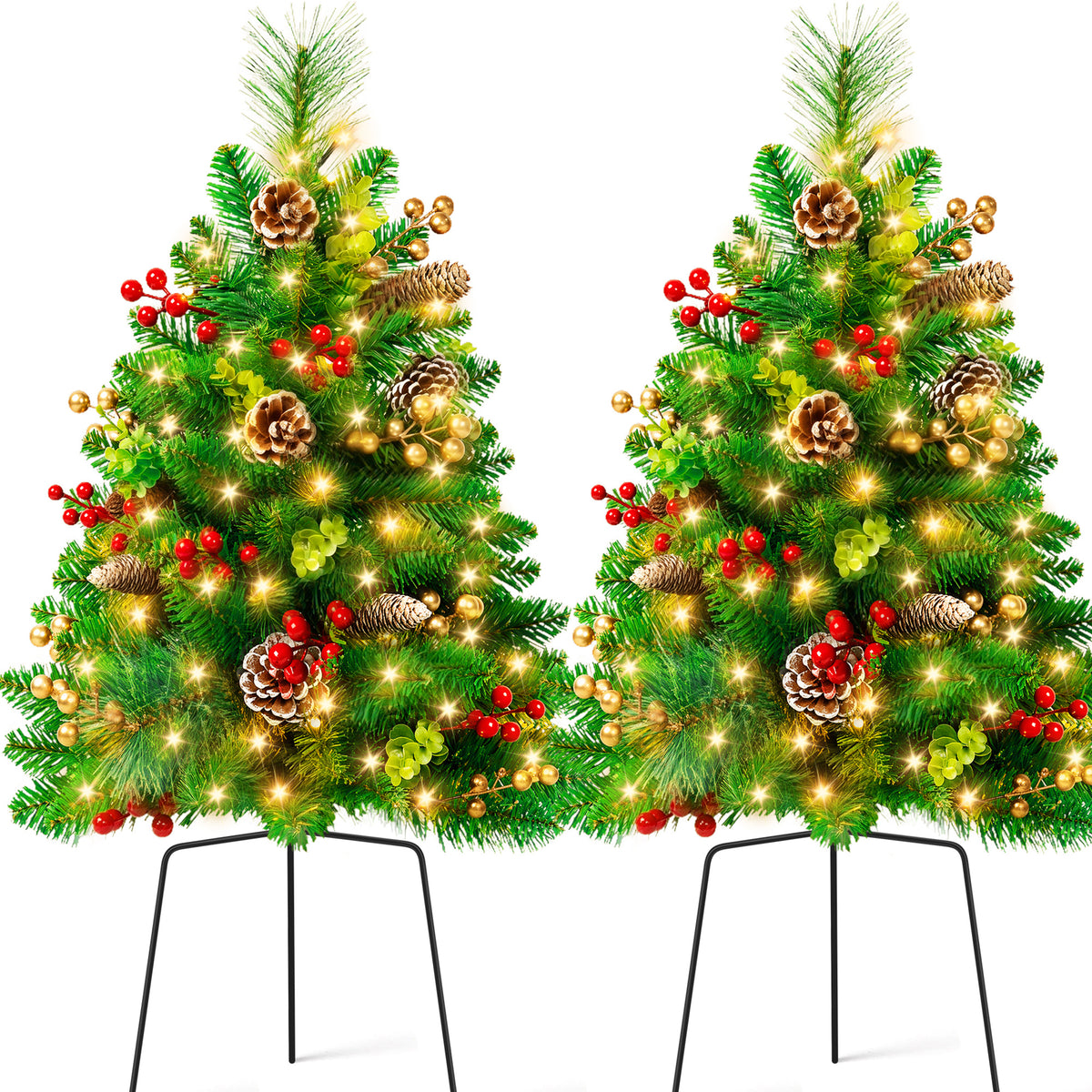 Yexmas 2PCS Small Outdoor Christmas Trees with LED Lights,30" Artificial Xmas Decora for Porch,Yard,Pathway,Garden,PVC+Pine Needles