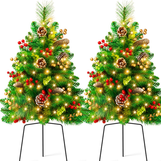 Yexmas 2PCS Small Outdoor Christmas Trees with LED Lights,30" Artificial Xmas Decora for Porch,Yard,Pathway,Garden,PVC+Pine Needles