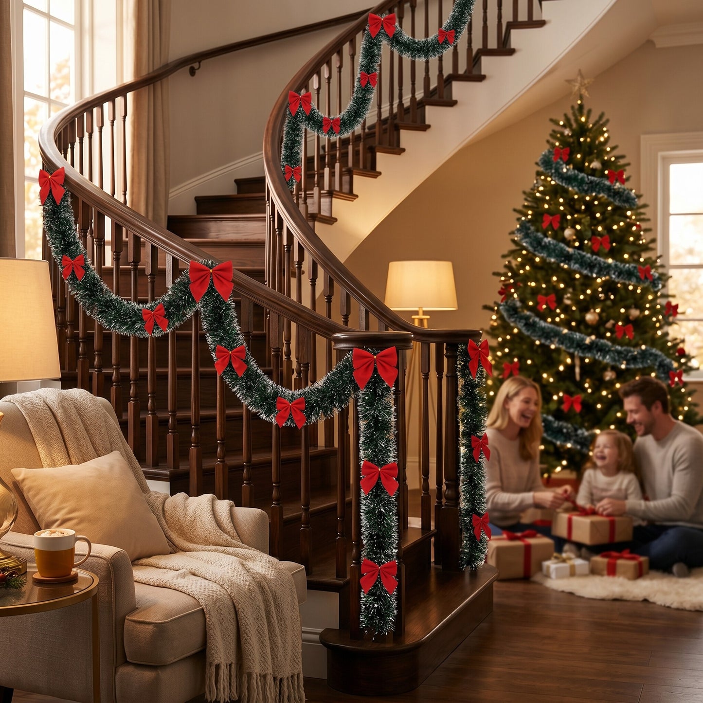 Yexmas Christmas Garland,Christmas Tinsel Garland with 30 Red Bows,Garland Christmas Decorations for Outdoor、Indoor、Holiday Party,Black & White