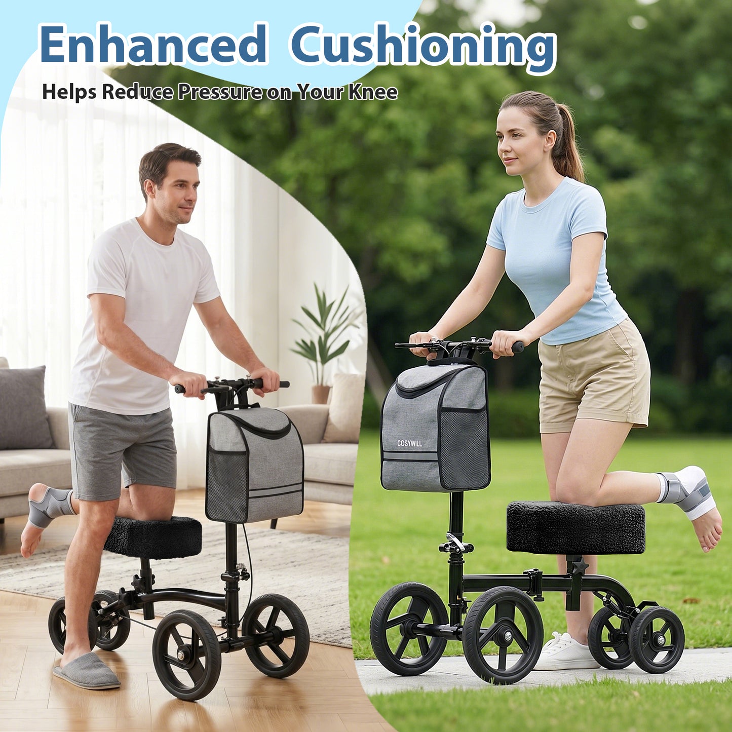 COSYWILL Knee Scooter Pad Cover with Memory Foam, Soft Removable Knee Walker Pad Cover, Washable Replacement Cushion Cover, Black
