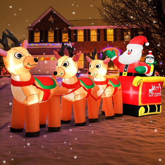 IZNEN 12ft Christmas Inflatable Santa Claus On Sleigh With 3 Reindeer Outdoor Lights Decor for Holiday Decor,Xmas Party,Yard,Garden and Lawn