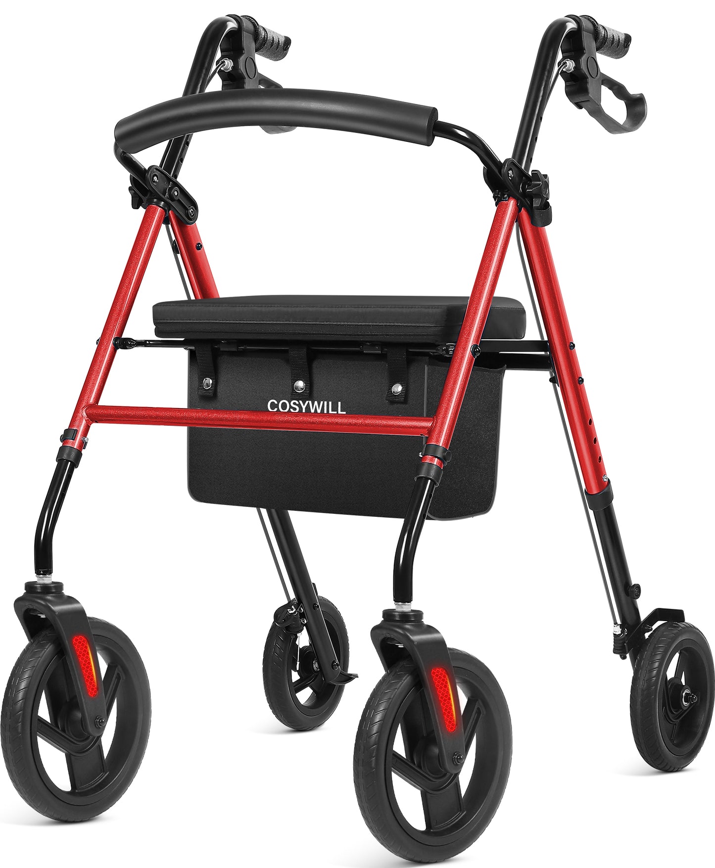 COSYWILL Rollator Walker with Seat,Foldable Walkers for Seniors,Mobility Walkers with 10'' Big Wheels,Adjustable Handles and Seat Height, Red